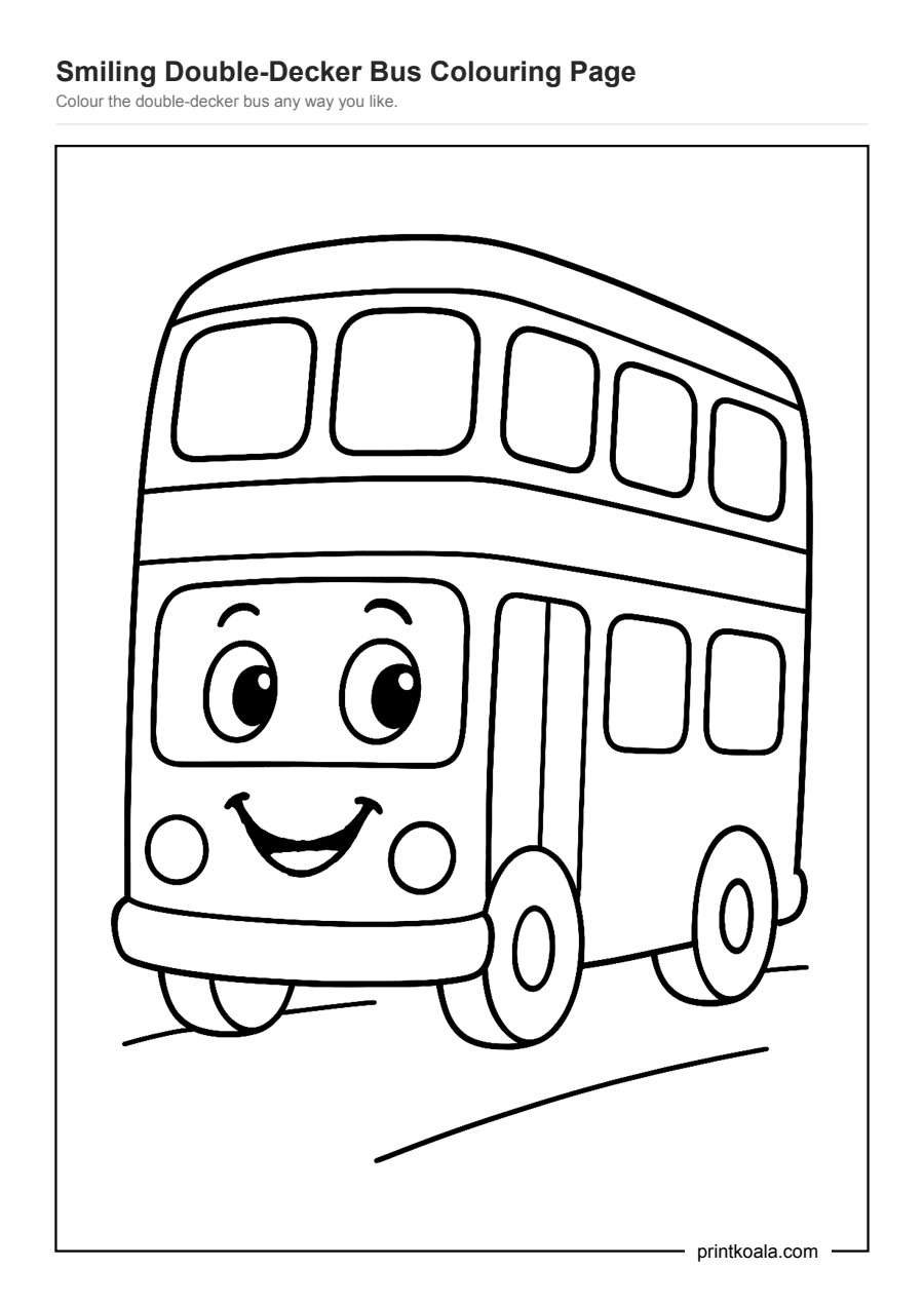 Full preview of the Smiling Double-Decker Bus Colouring Page worksheet
