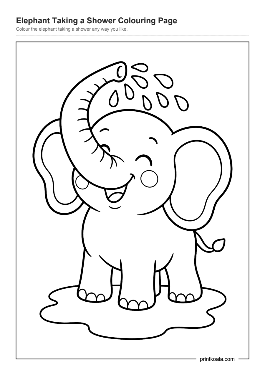 Full preview of the Elephant Taking a Shower Colouring Page worksheet