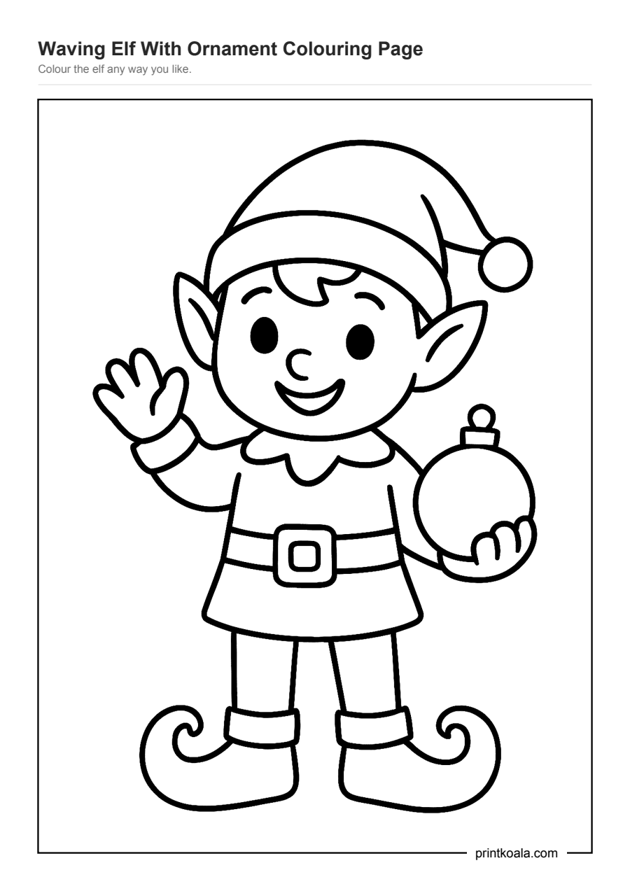 Full preview of the Waving Elf With Ornament Colouring Page worksheet