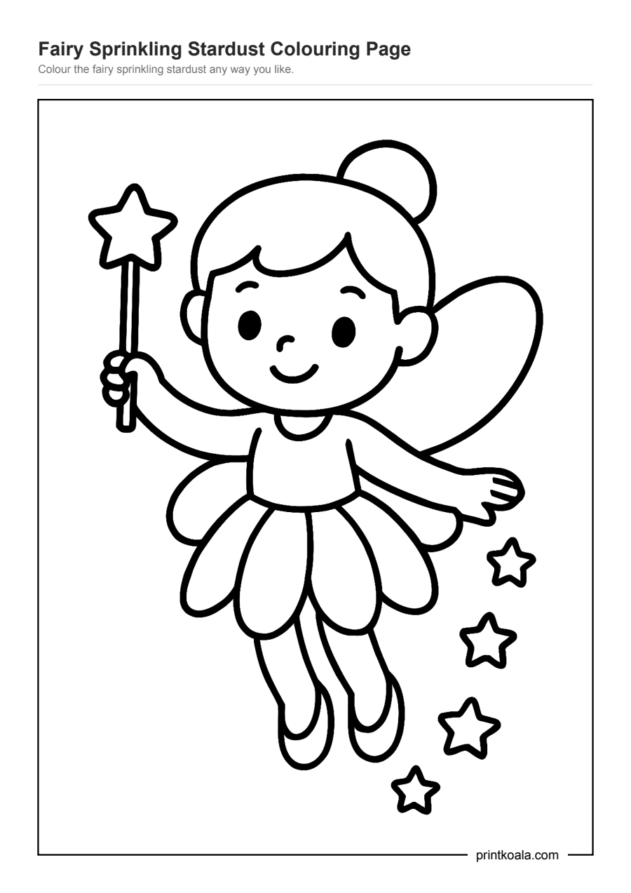 Full preview of the Fairy Sprinkling Stardust Colouring Page worksheet