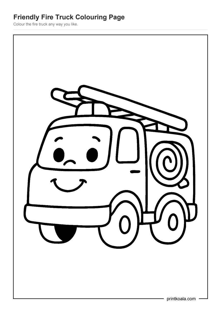 Full preview of the Friendly Fire Truck Colouring Page worksheet