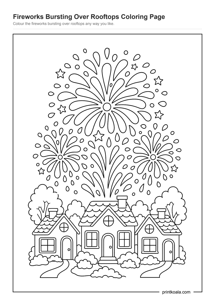 Full preview of the Fireworks Bursting Over Rooftops Coloring Page worksheet