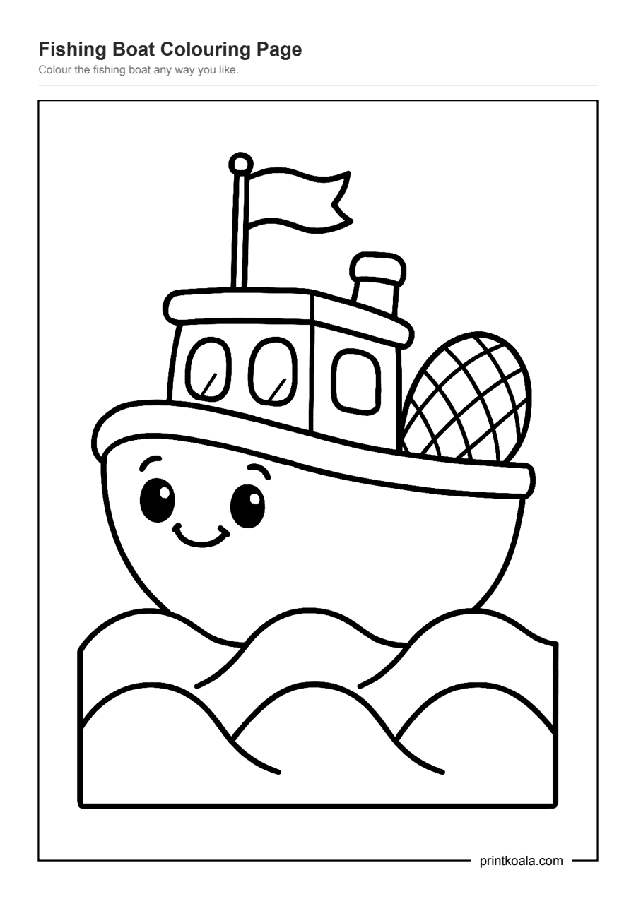Full preview of the Fishing Boat Colouring Page worksheet