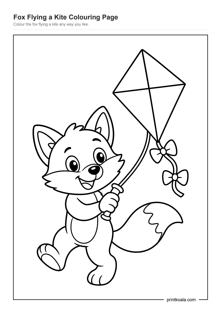 Full preview of the Fox Flying a Kite Colouring Page worksheet
