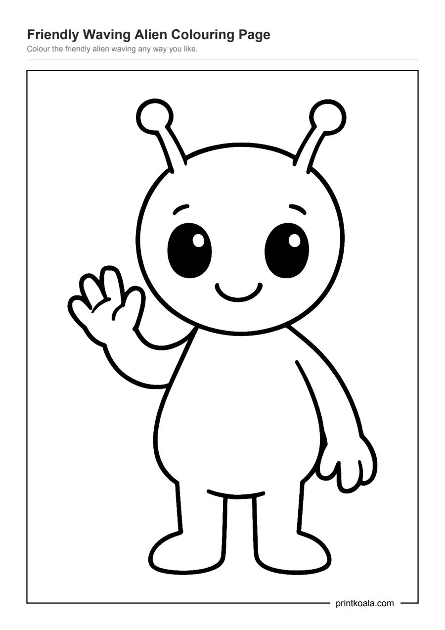 Full preview of the Friendly Waving Alien Colouring Page worksheet
