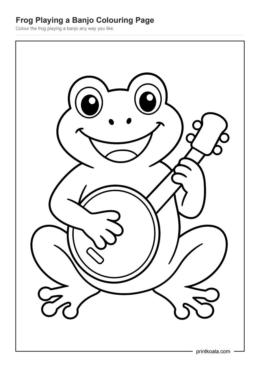Full preview of the Frog Playing a Banjo Colouring Page worksheet