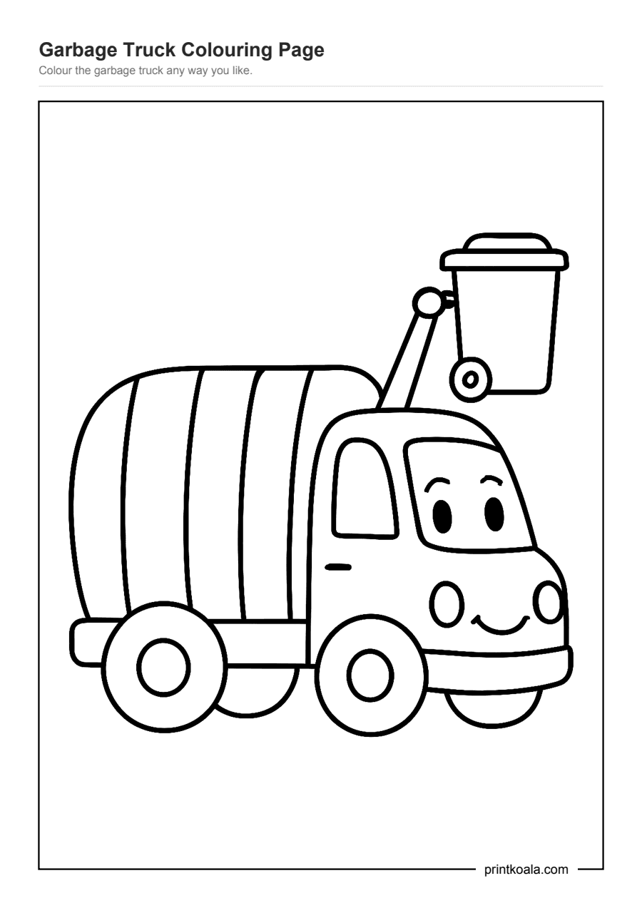 Full preview of the Garbage Truck Colouring Page worksheet