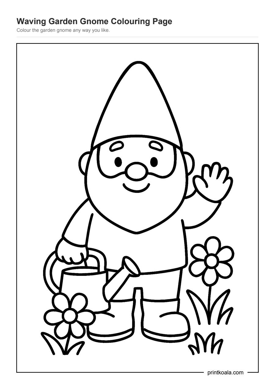 Full preview of the Waving Garden Gnome Colouring Page worksheet
