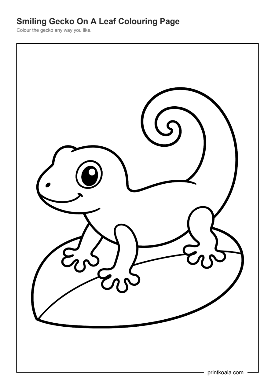 Full preview of the Smiling Gecko On A Leaf Colouring Page worksheet