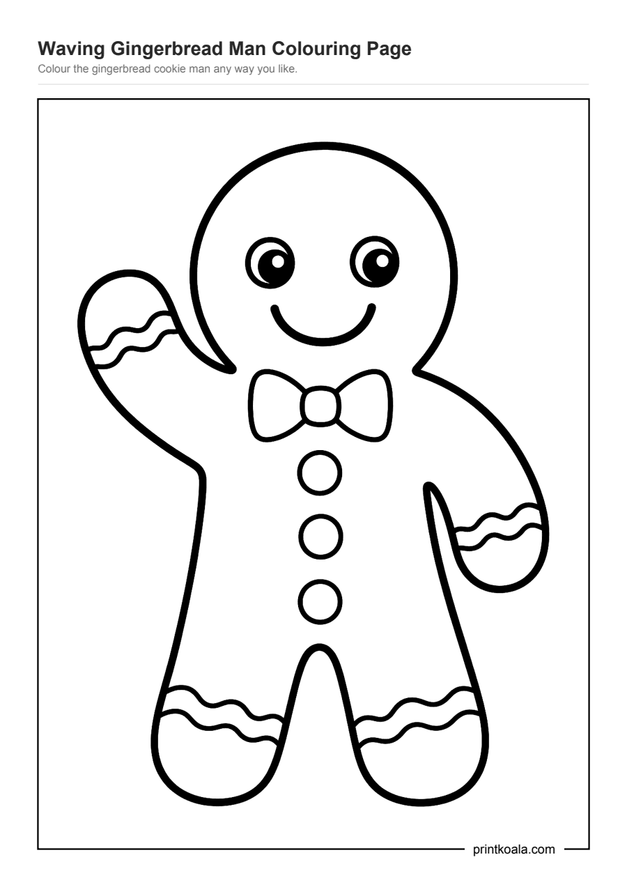 Full preview of the Waving Gingerbread Man Colouring Page worksheet