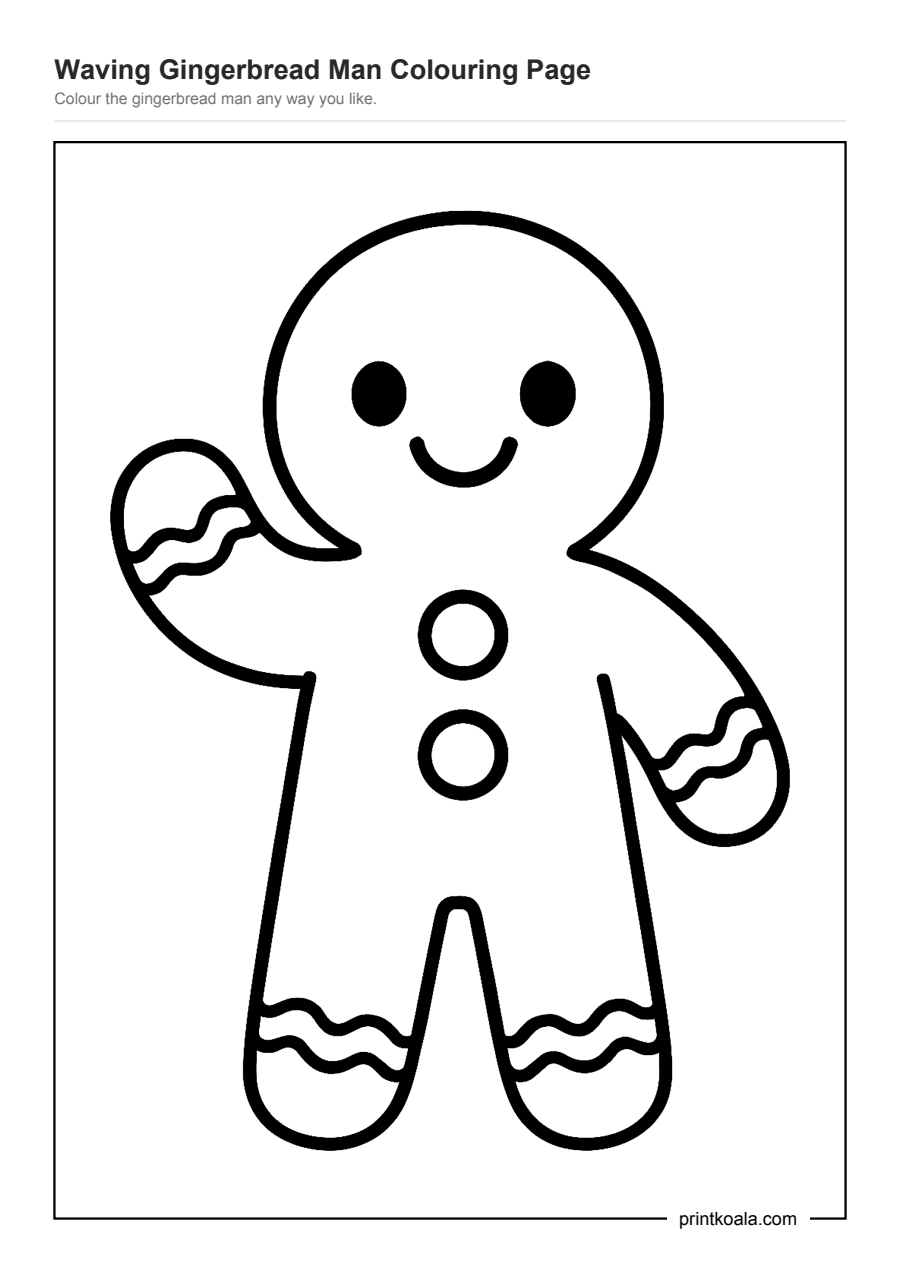 Full preview of the Waving Gingerbread Man Colouring Page worksheet