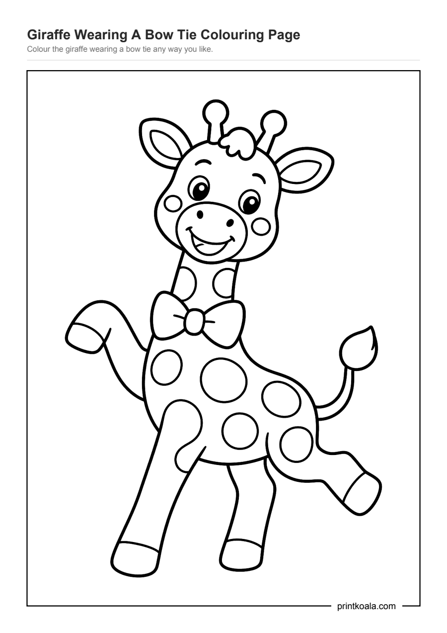 Full preview of the Giraffe Wearing A Bow Tie Colouring Page worksheet