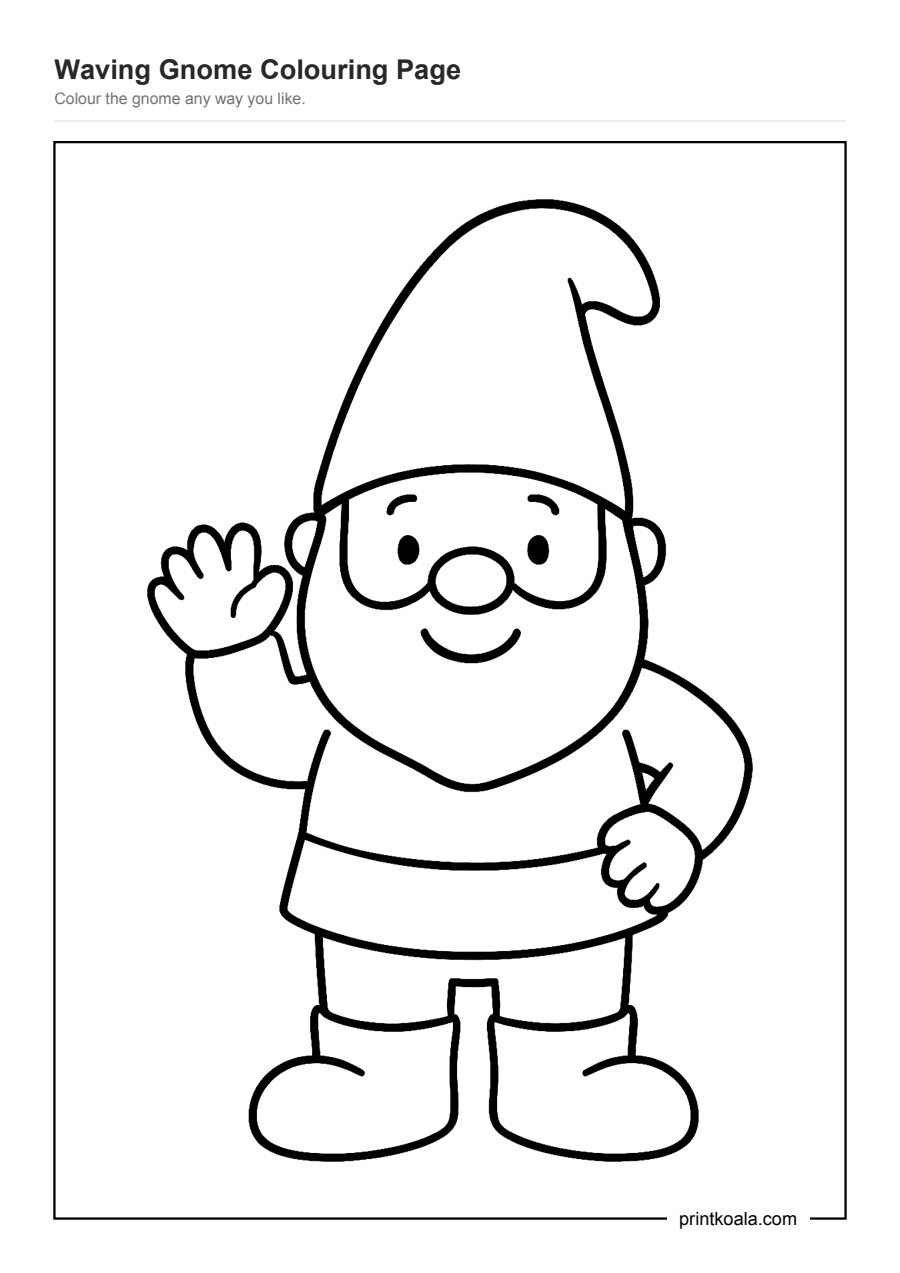 Full preview of the Waving Gnome Colouring Page worksheet