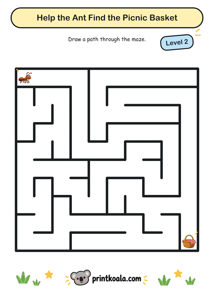Full preview of the Help the Ant Find the Picnic Basket — Level 2 worksheet