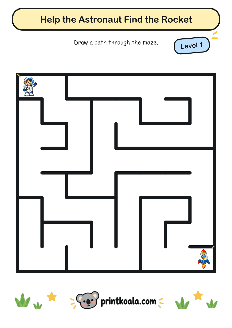 Full preview of the Help the Astronaut Find the Rocket — Level 1 worksheet