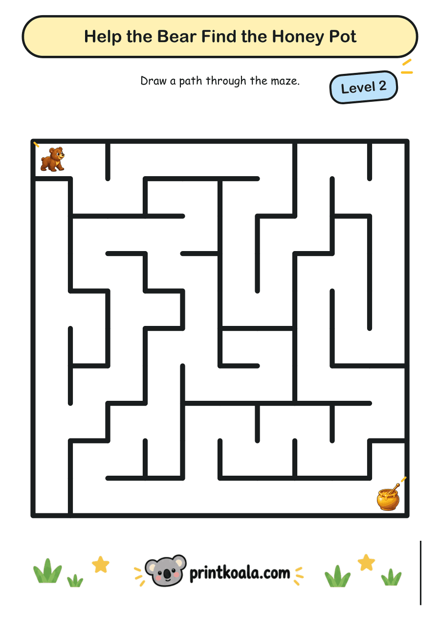 Full preview of the Help the Bear Find the Honey Pot — Level 2 worksheet