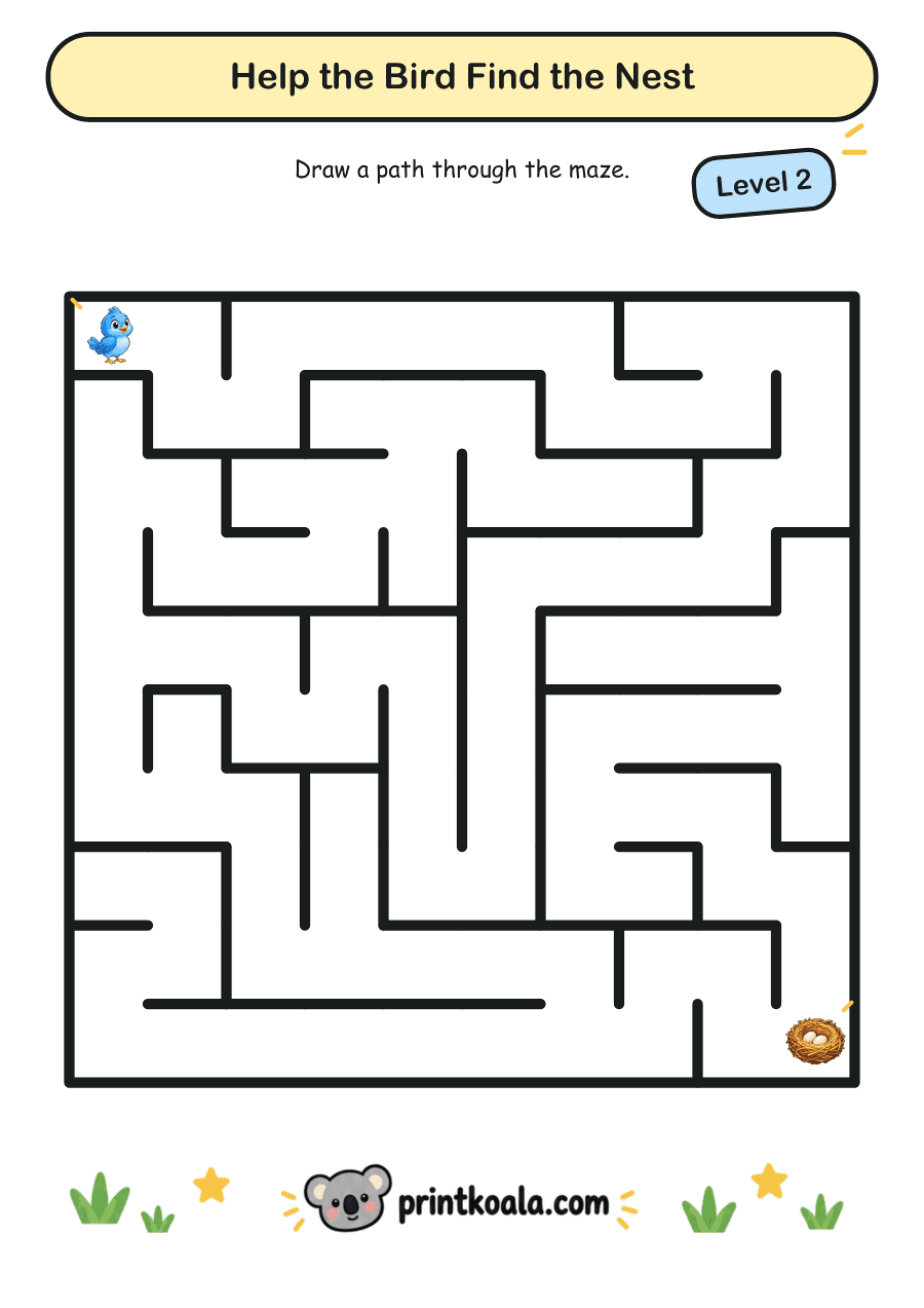 Full preview of the Help the Bird Find the Nest — Level 2 worksheet