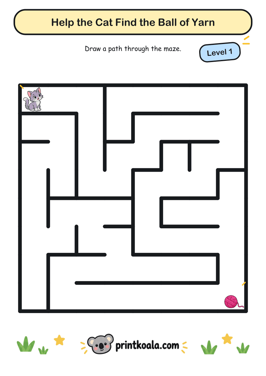 Full preview of the Help the Cat Find the Ball of Yarn — Level 1 worksheet