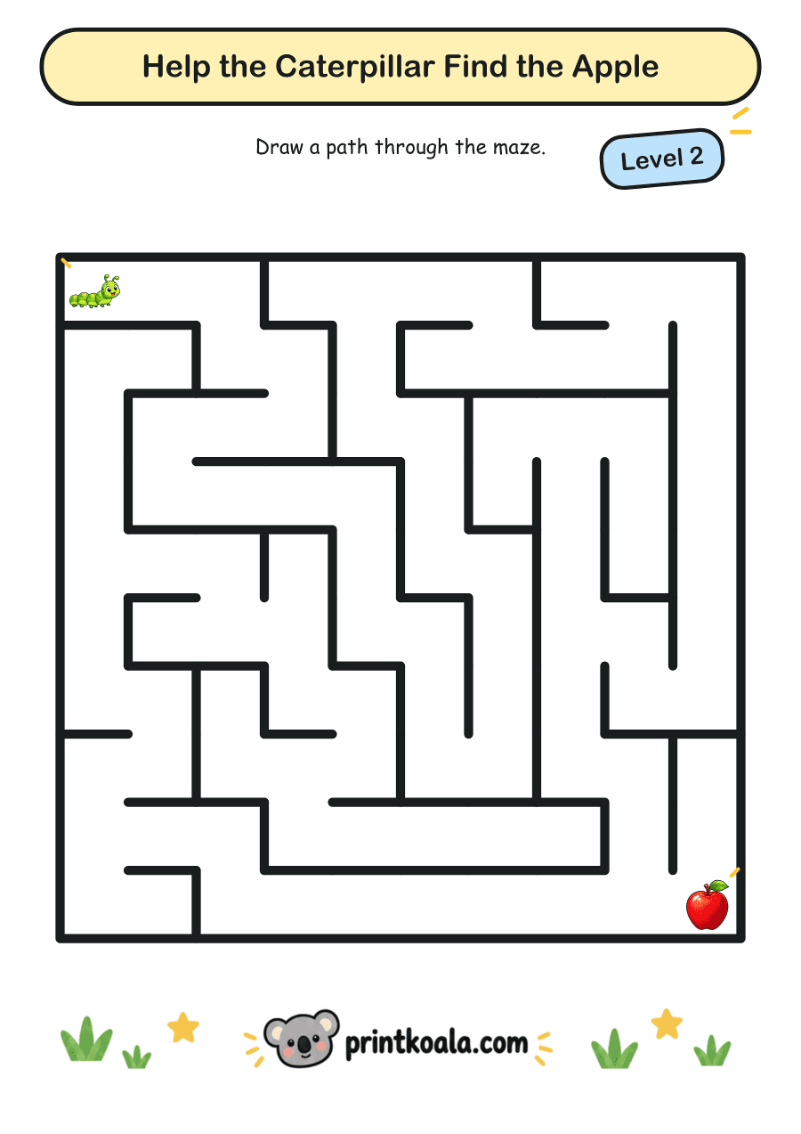 Full preview of the Help the Caterpillar Find the Apple — Level 2 worksheet
