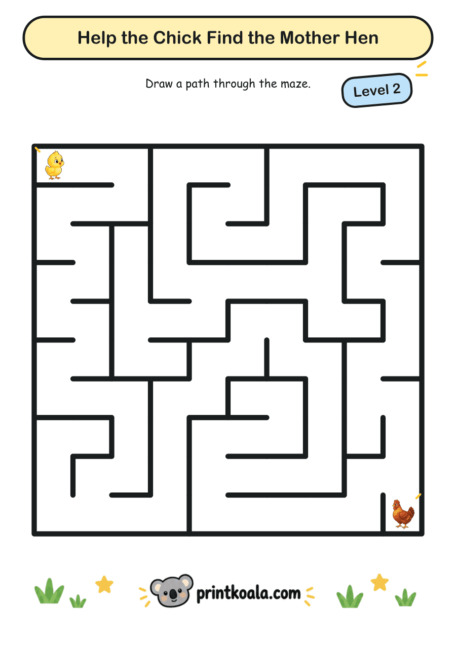 Full preview of the Help the Chick Find the Mother Hen — Level 2 worksheet