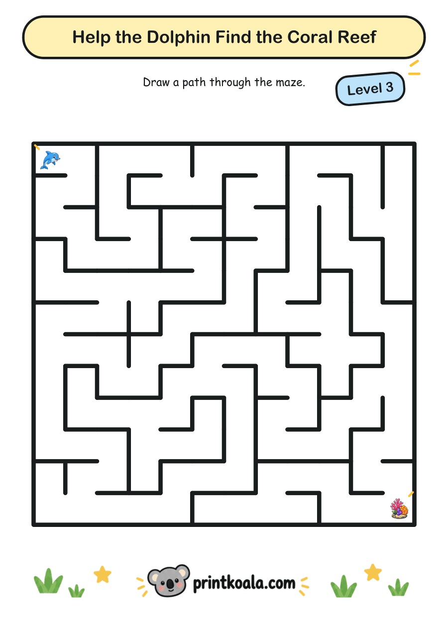 Full preview of the Help the Dolphin Find the Coral Reef — Level 3 worksheet