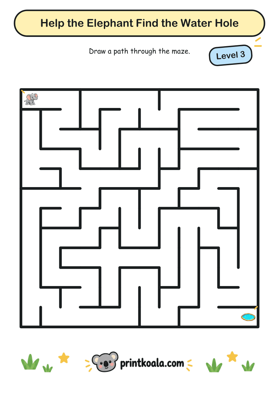 Full preview of the Help the Elephant Find the Water Hole — Level 3 worksheet