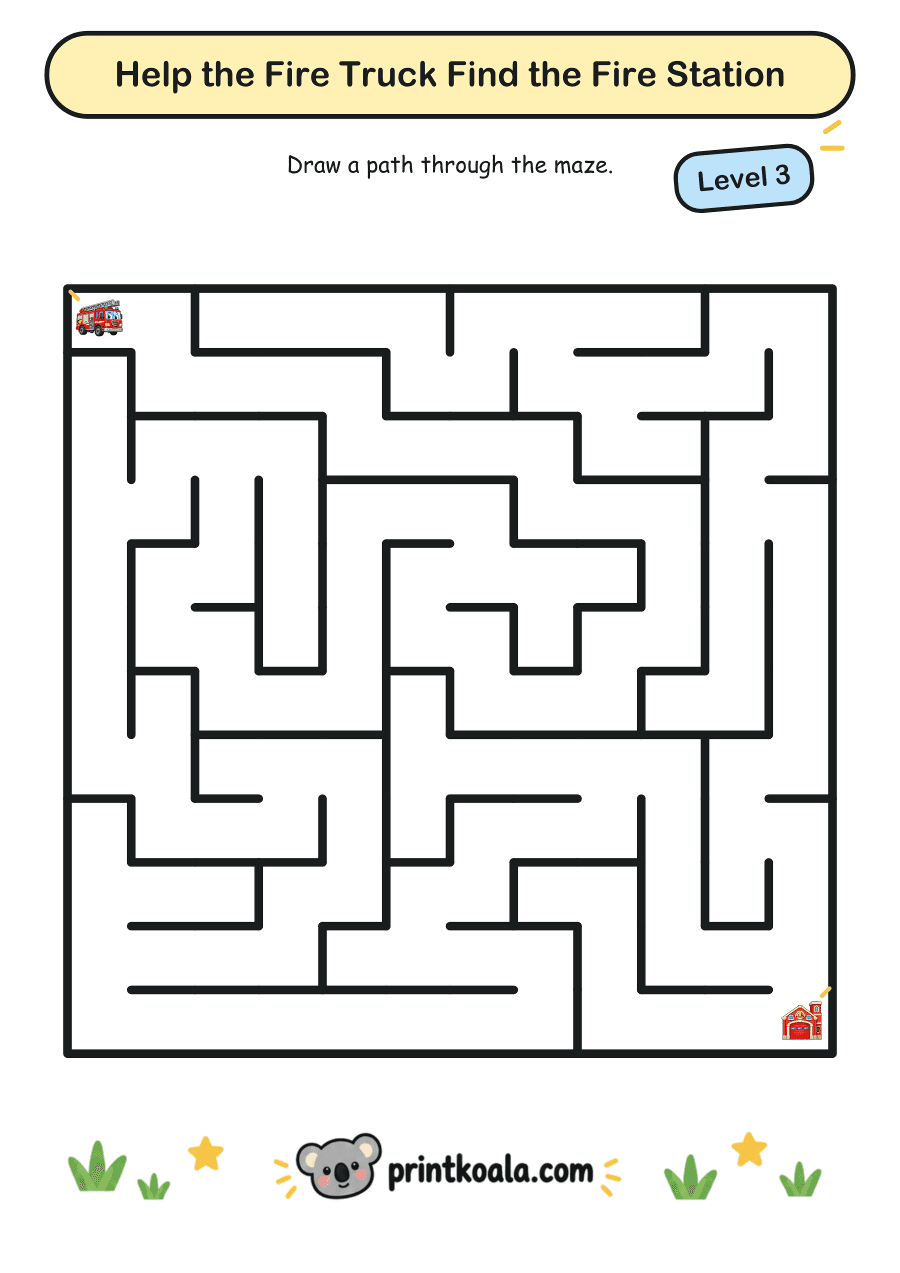Full preview of the Help the Fire Truck Find the Fire Station — Level 3 worksheet