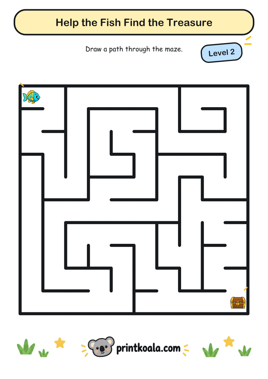 Full preview of the Help the Fish Find the Treasure — Level 2 worksheet