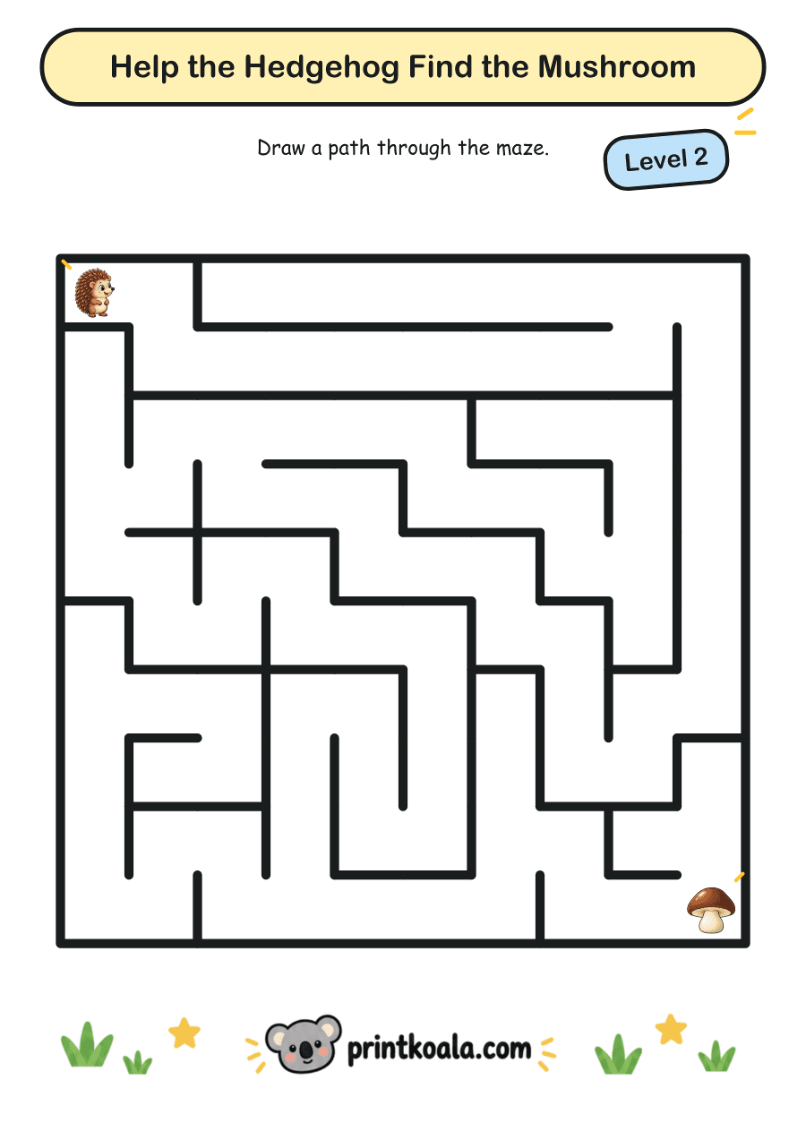 Full preview of the Help the Hedgehog Find the Mushroom — Level 2 worksheet