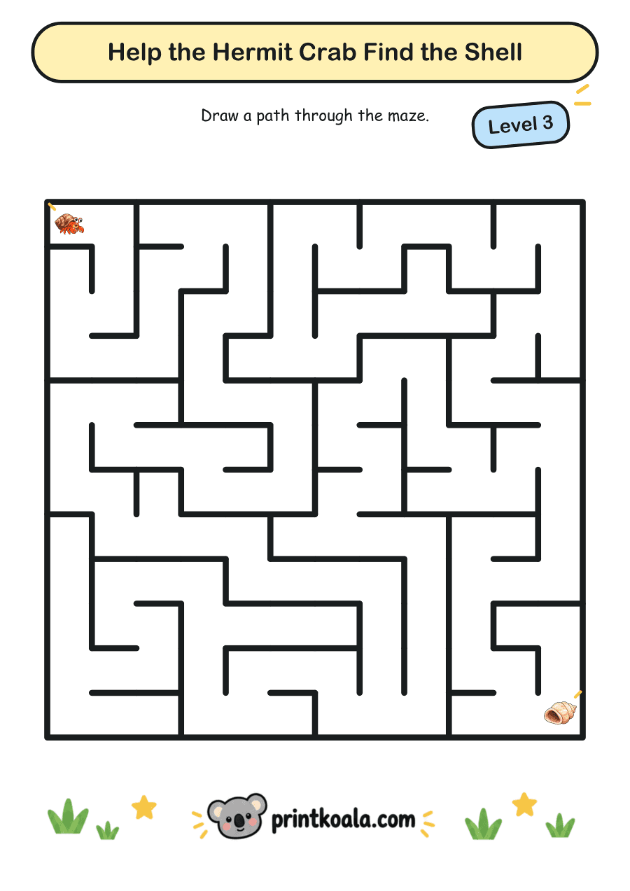 Full preview of the Help the Hermit Crab Find the Shell — Level 3 worksheet