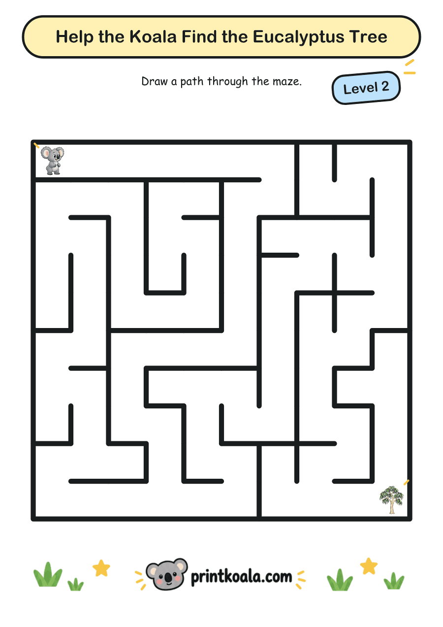 Full preview of the Help the Koala Find the Eucalyptus Tree — Level 2 worksheet