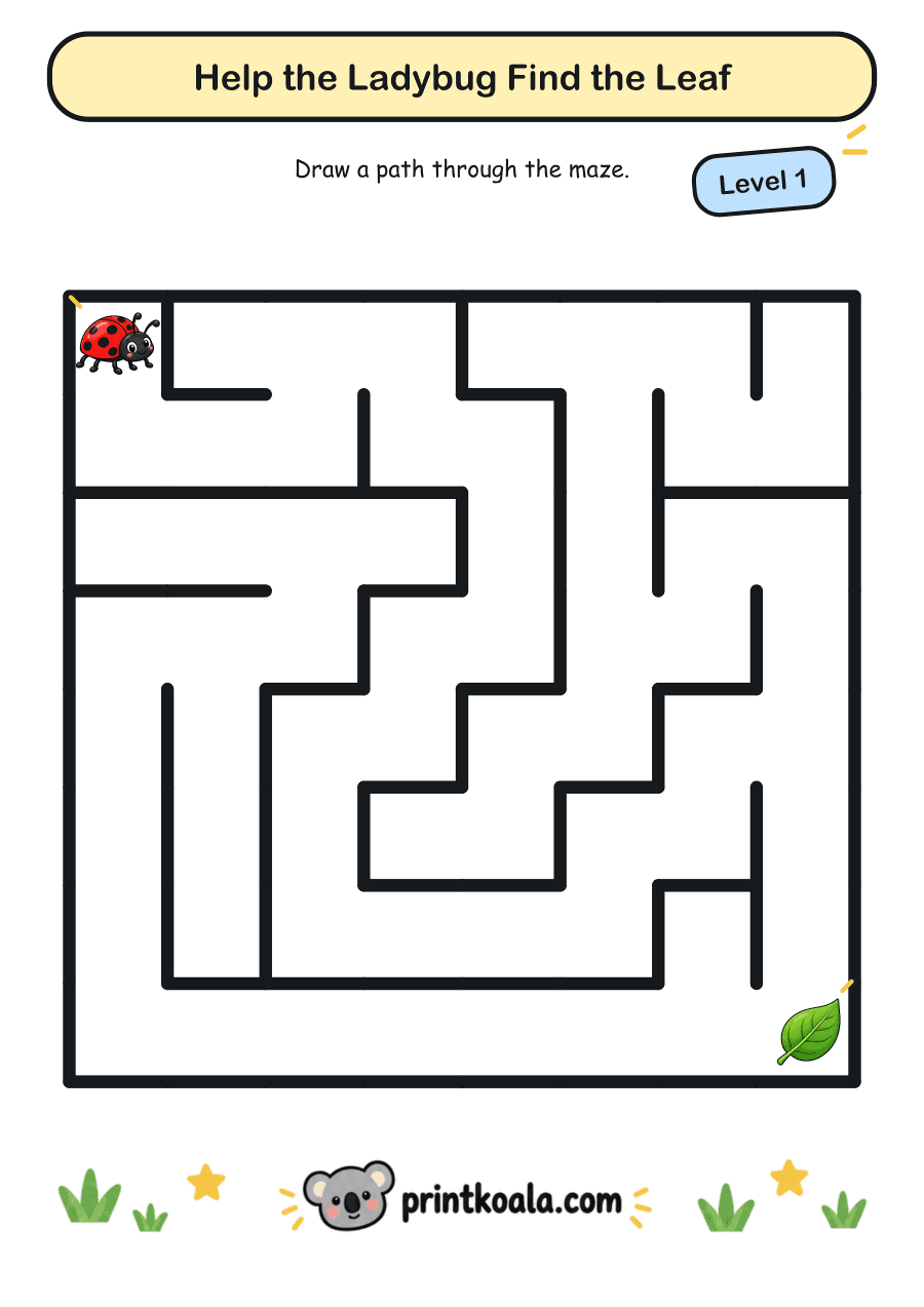 Full preview of the Help the Ladybug Find the Leaf — Level 1 worksheet