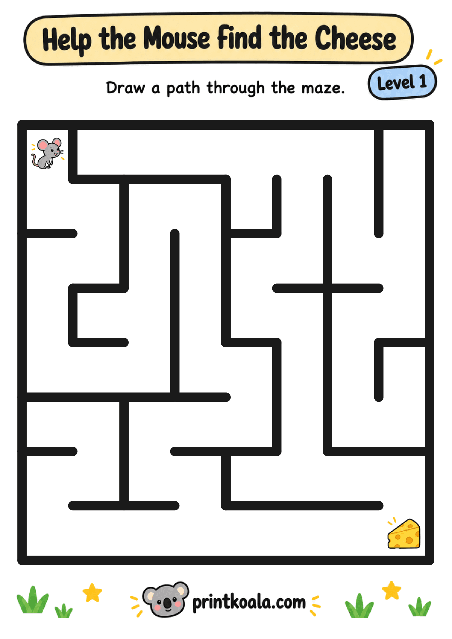 Full preview of the Help the Mouse Find the Cheese — Level 1 worksheet