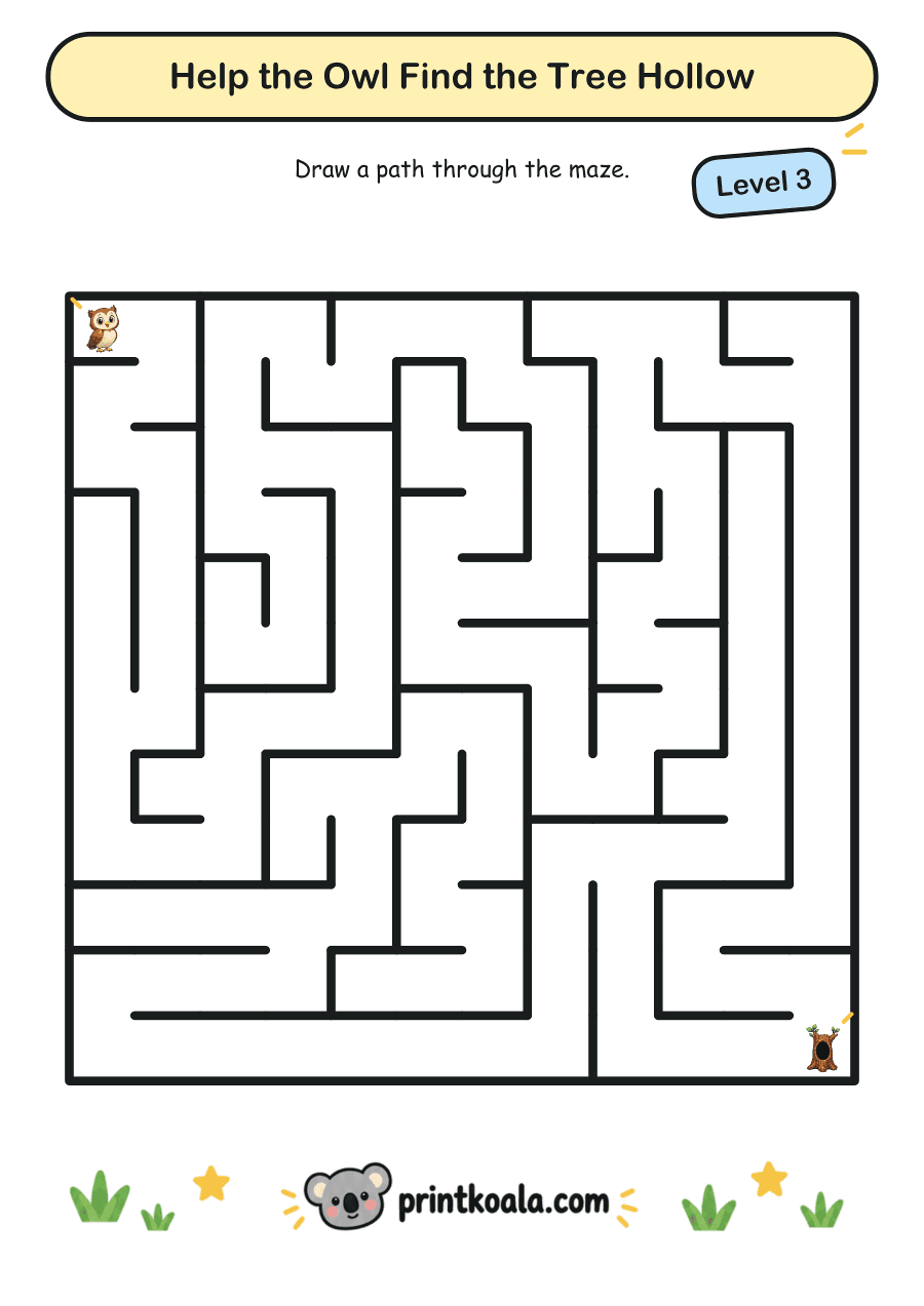 Full preview of the Help the Owl Find the Tree Hollow — Level 3 worksheet