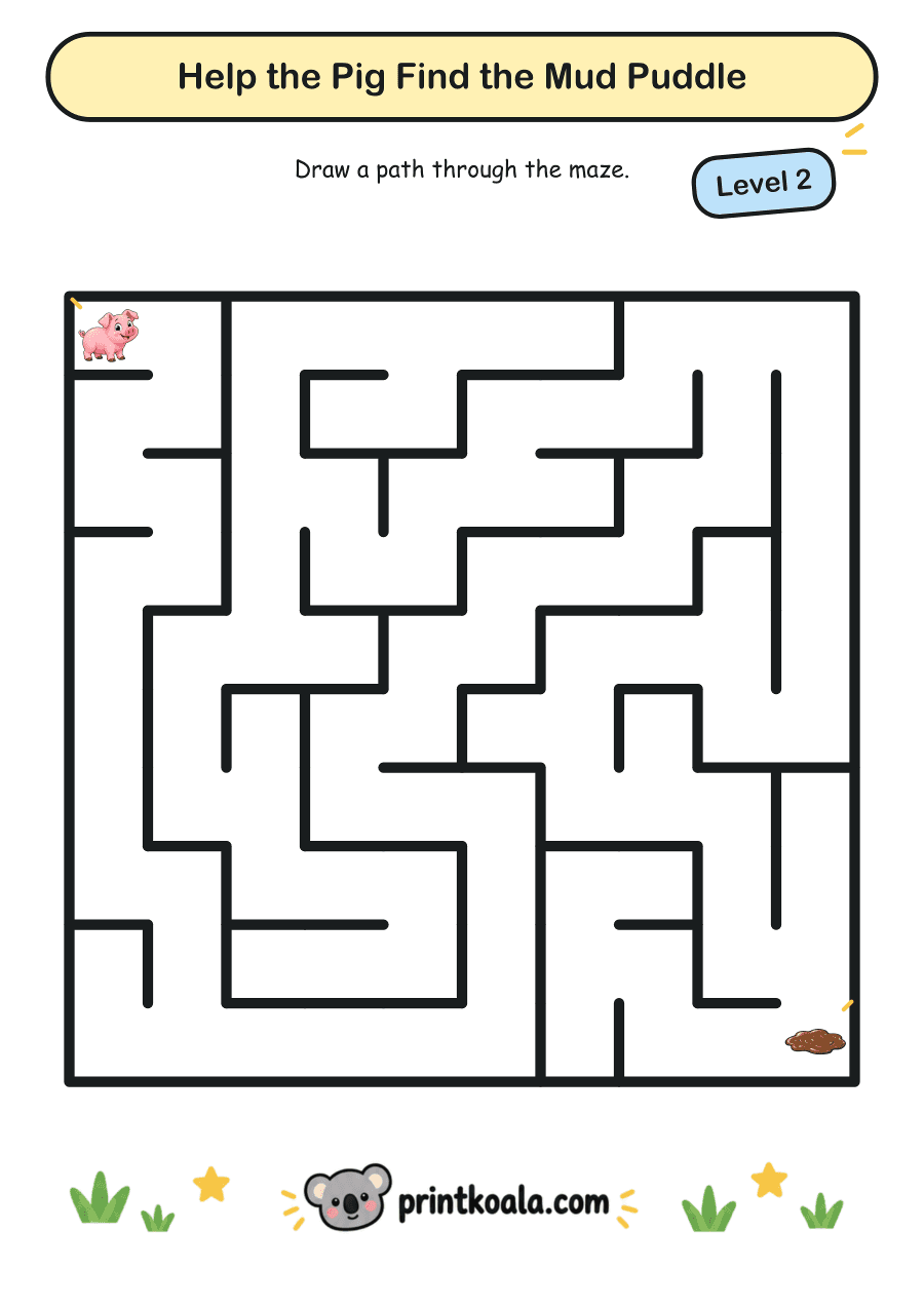 Full preview of the Help the Pig Find the Mud Puddle — Level 2 worksheet
