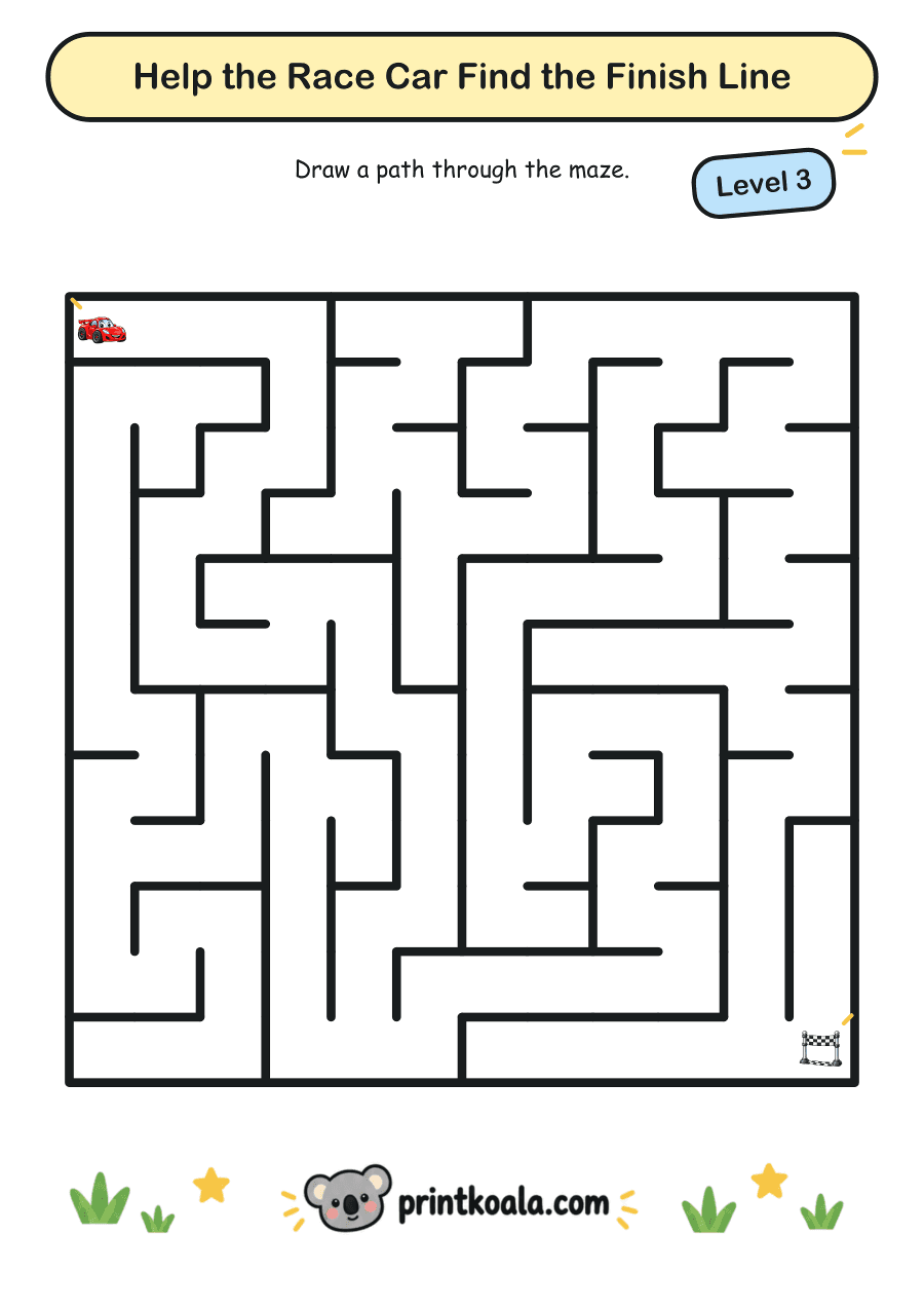 Full preview of the Help the Race Car Find the Finish Line — Level 3 worksheet