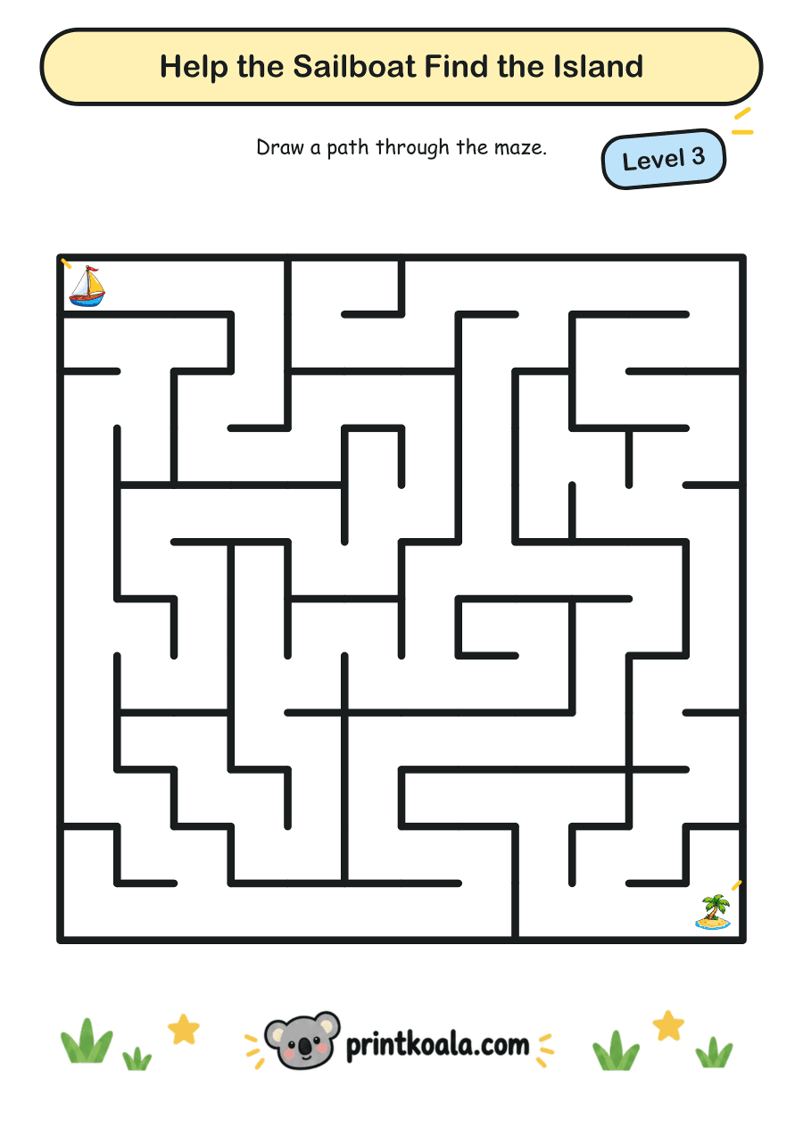 Full preview of the Help the Sailboat Find the Island — Level 3 worksheet