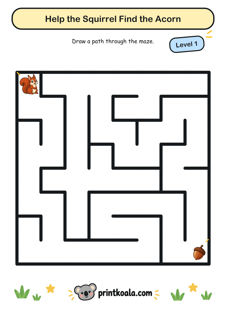 Full preview of the Help the Squirrel Find the Acorn — Level 1 worksheet