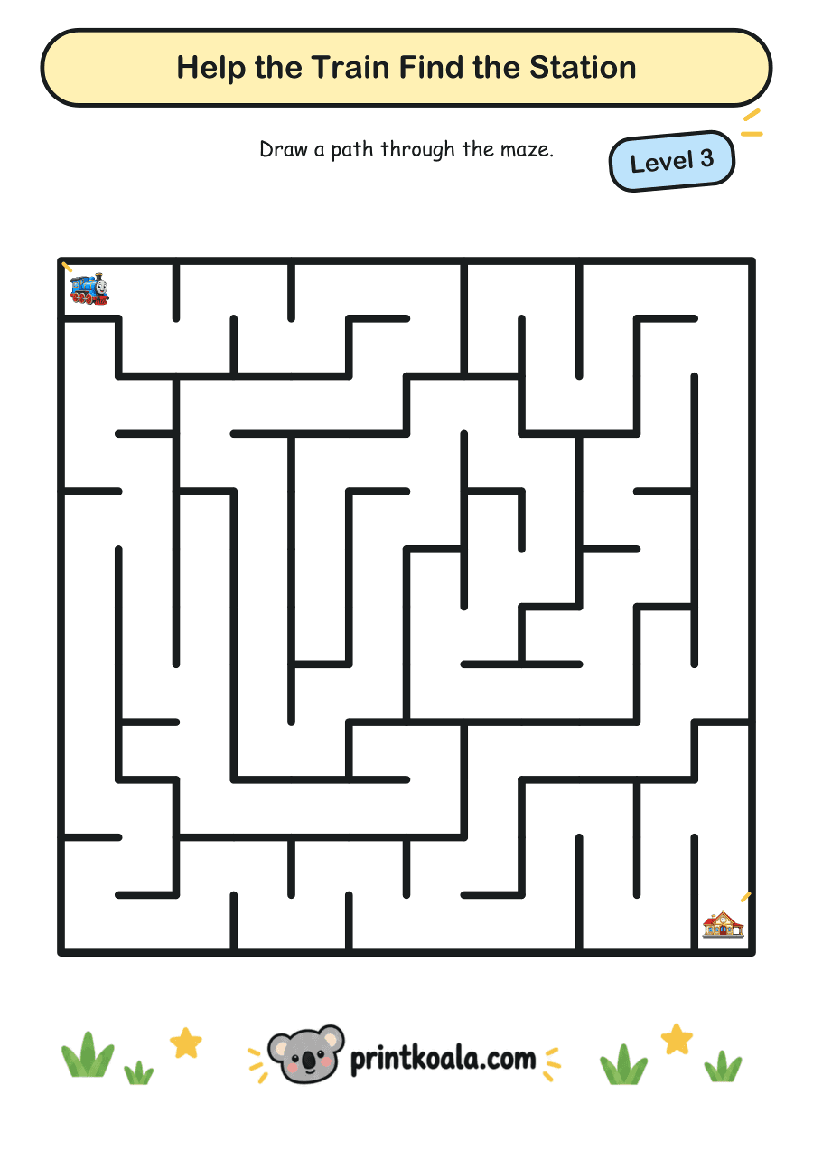 Full preview of the Help the Train Find the Station — Level 3 worksheet