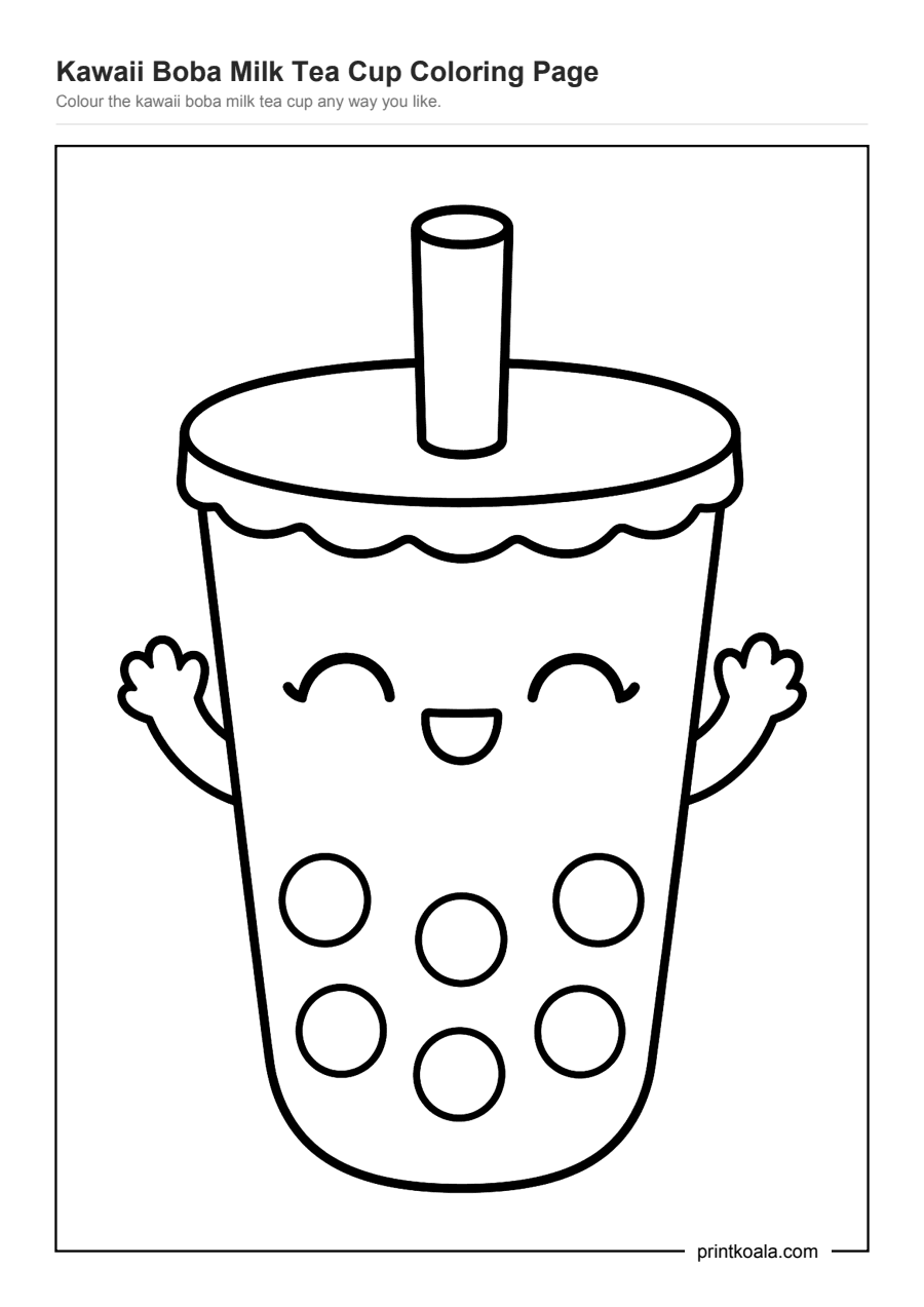 Full preview of the Kawaii Boba Milk Tea Cup Coloring Page worksheet