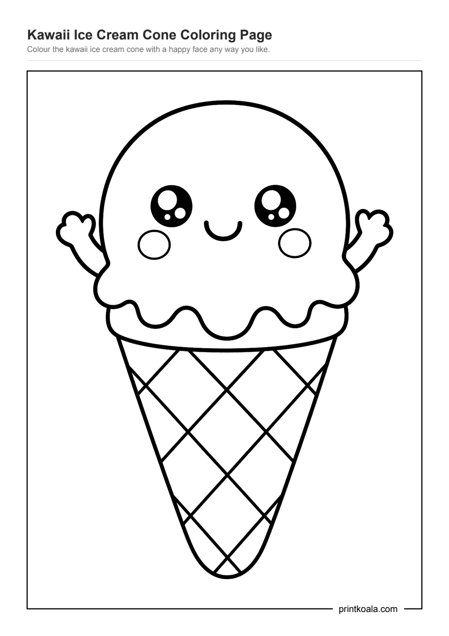 Full preview of the Kawaii Ice Cream Cone Coloring Page worksheet