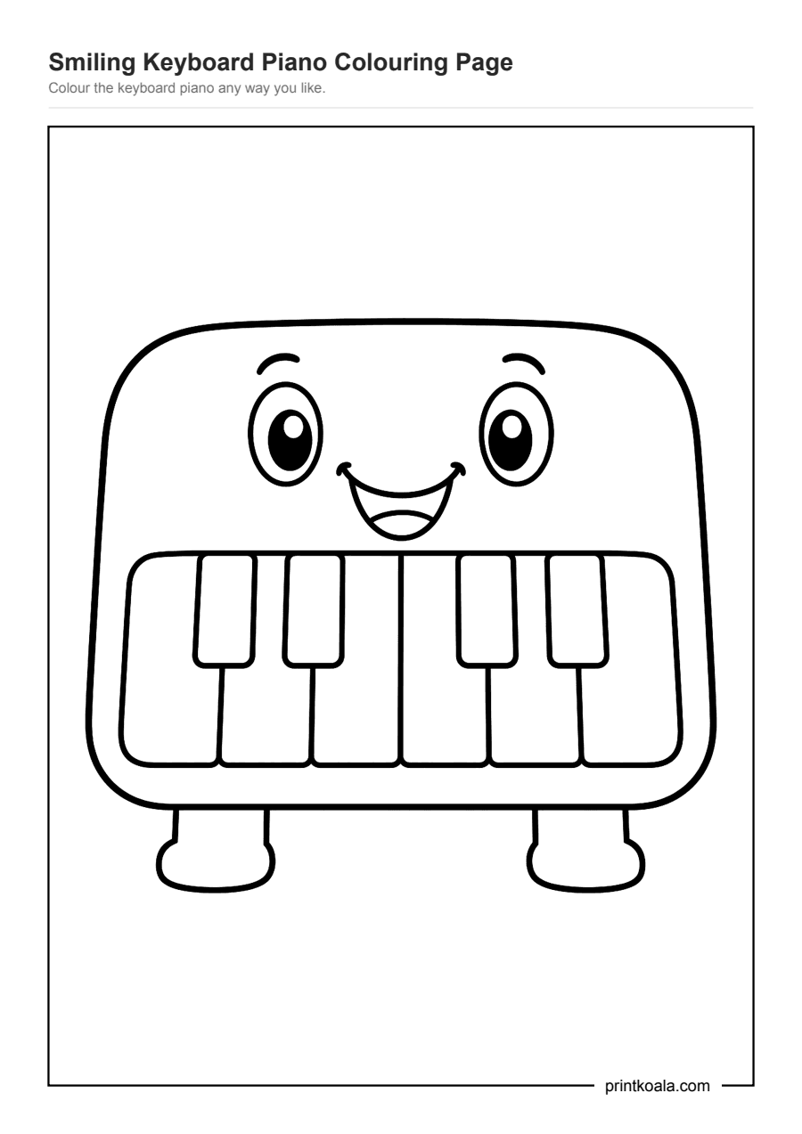 Full preview of the Smiling Keyboard Piano Colouring Page worksheet