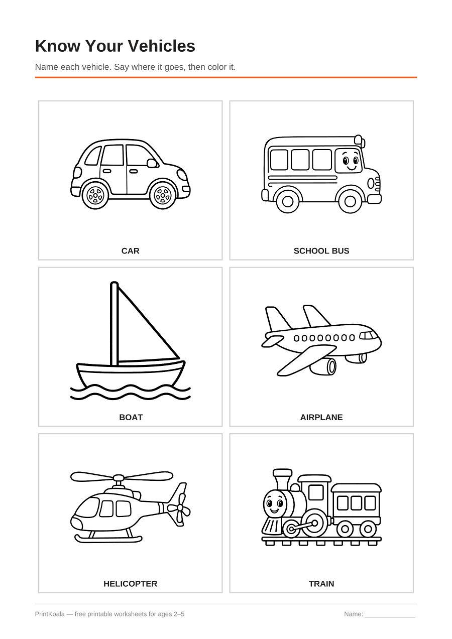 Full preview of the Know Your Vehicles worksheet
