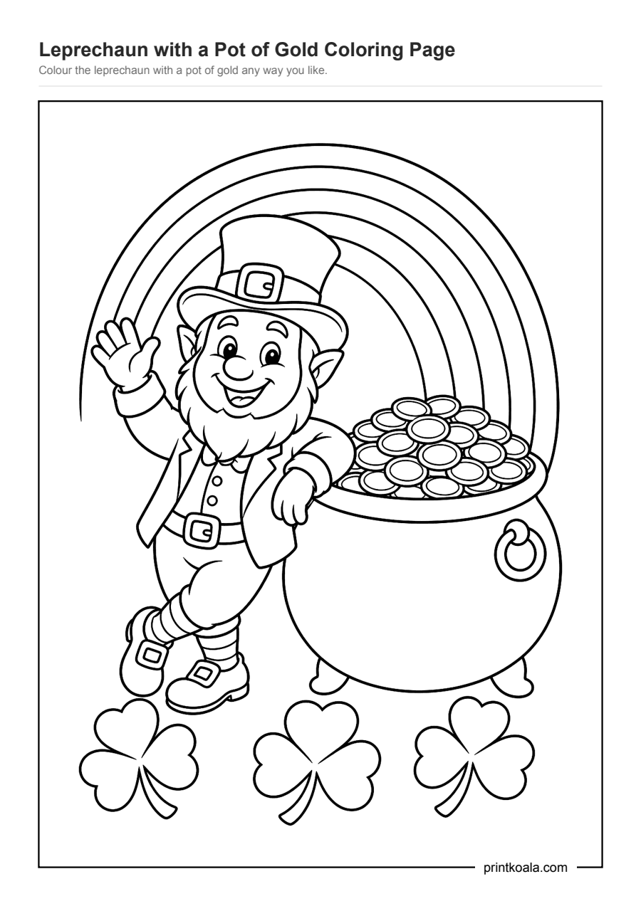 Full preview of the Leprechaun with a Pot of Gold Coloring Page worksheet