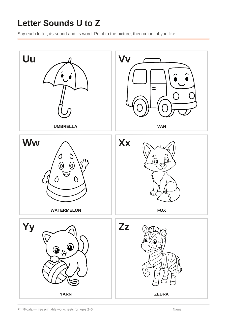 Full preview of the Letter Sounds U to Z worksheet