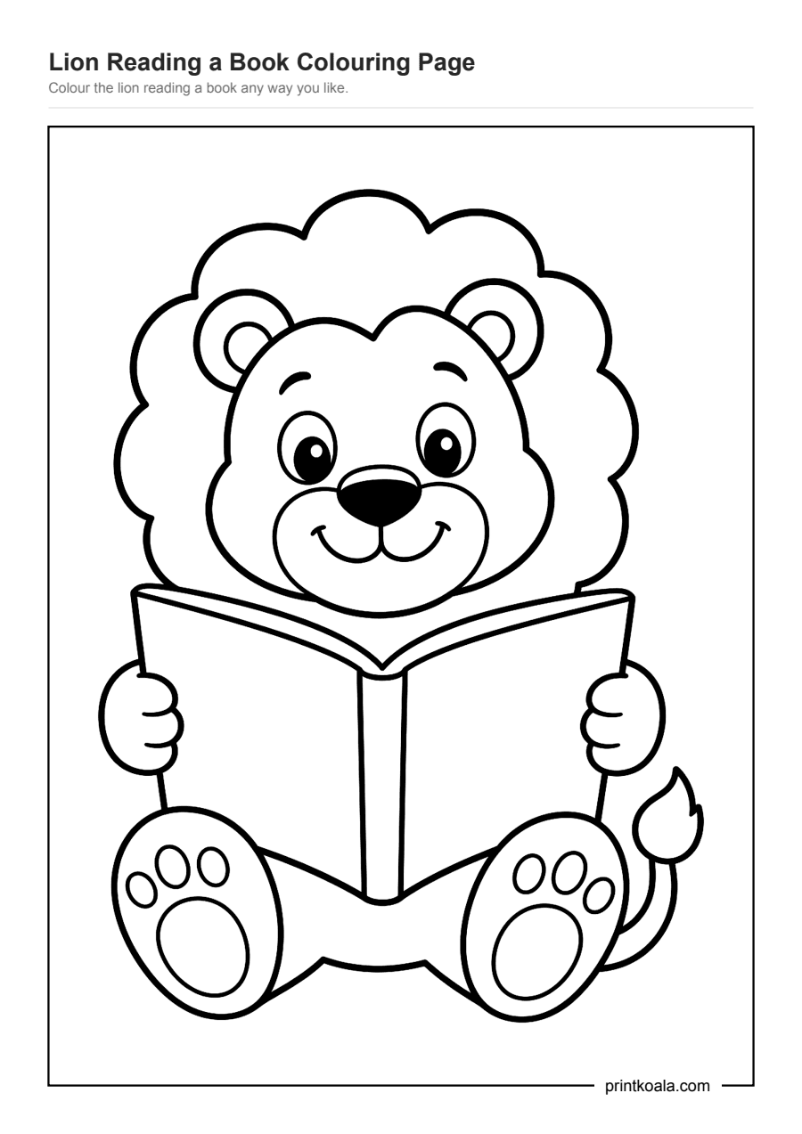 Full preview of the Lion Reading a Book Colouring Page worksheet