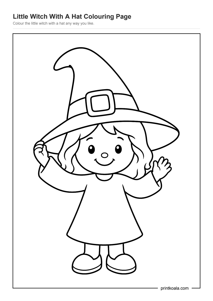 Full preview of the Little Witch With A Hat Colouring Page worksheet