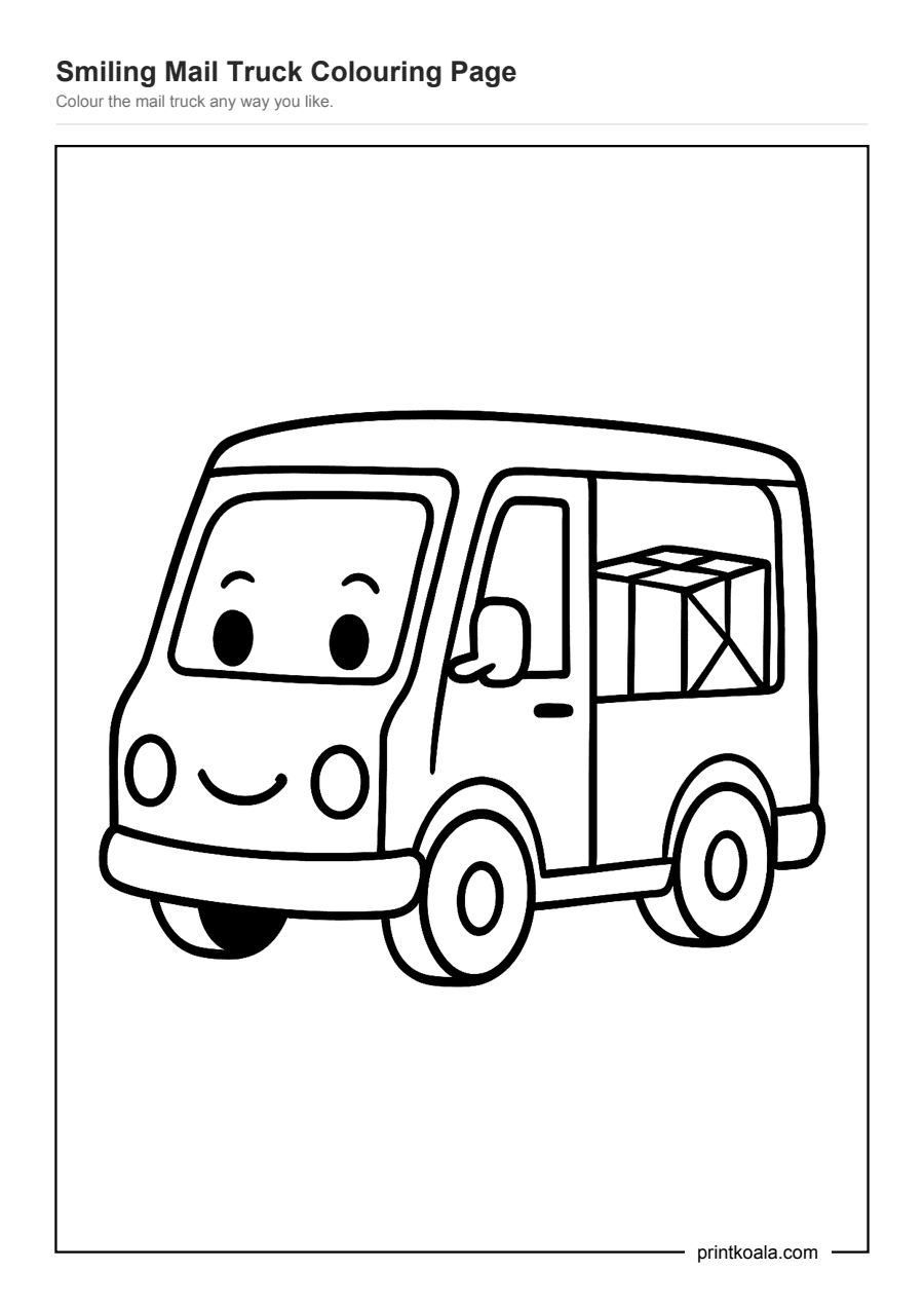 Full preview of the Smiling Mail Truck Colouring Page worksheet