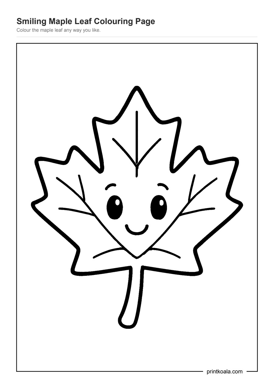 Full preview of the Smiling Maple Leaf Colouring Page worksheet