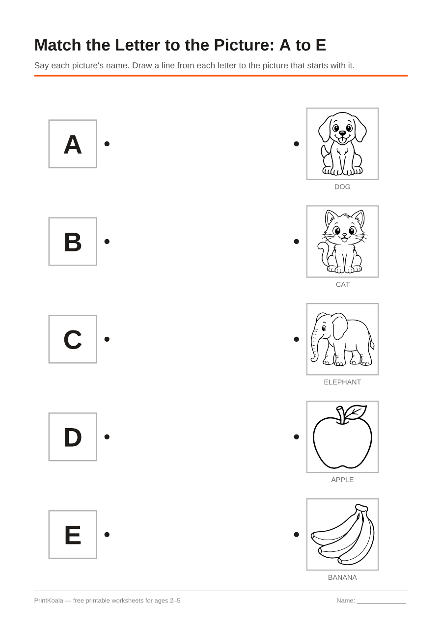 Full preview of the Match the Letter to the Picture: A to E worksheet